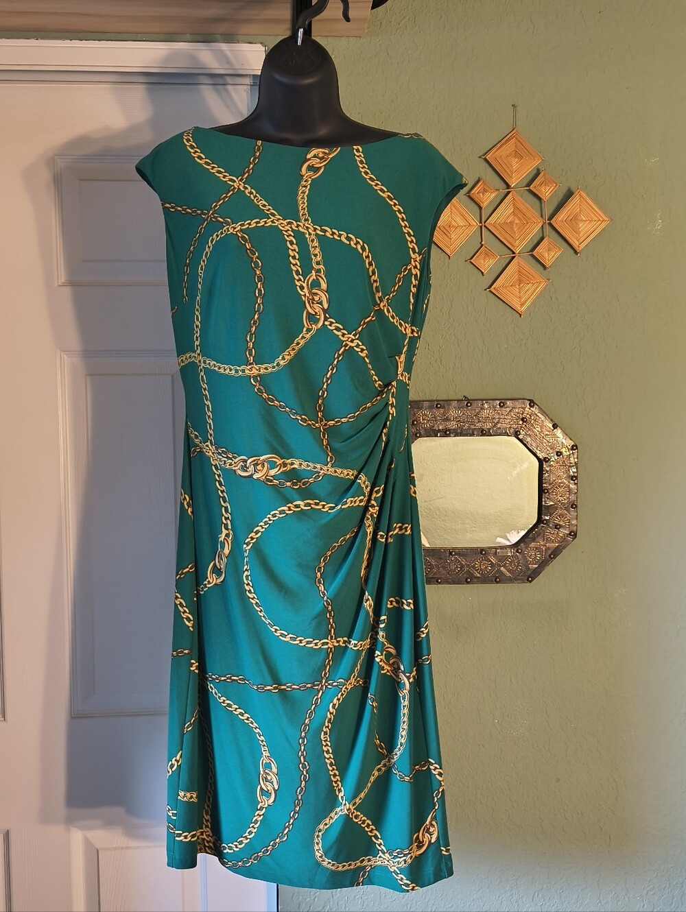 Lauren Ralph Lauren Green Gold Chain Print Ruched Sheath Dress 10